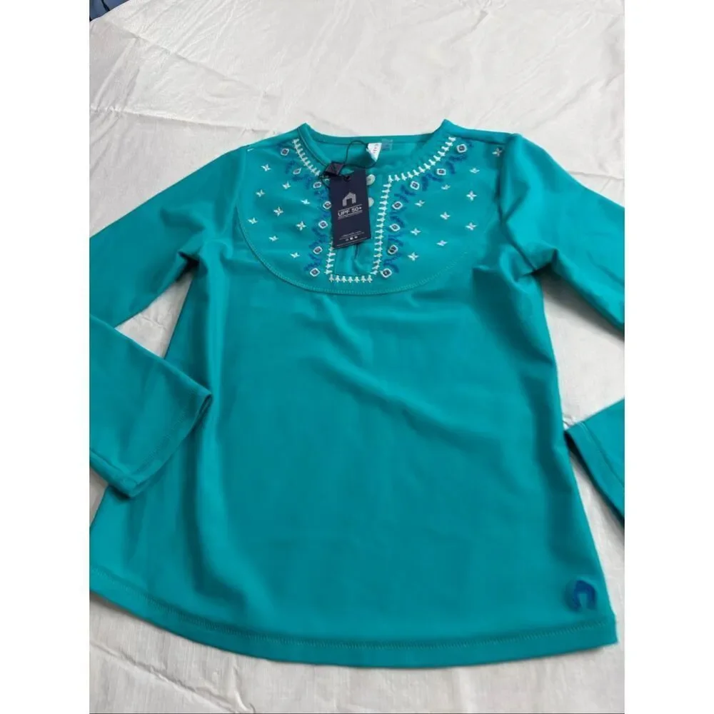 NWT Cabana Life Girls Aqua Blue UPF Rash Guard Top Size 10 New